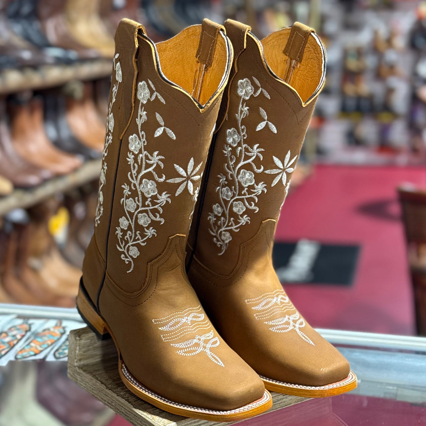  Tan Flowered Square Toe Cowgirl Boots