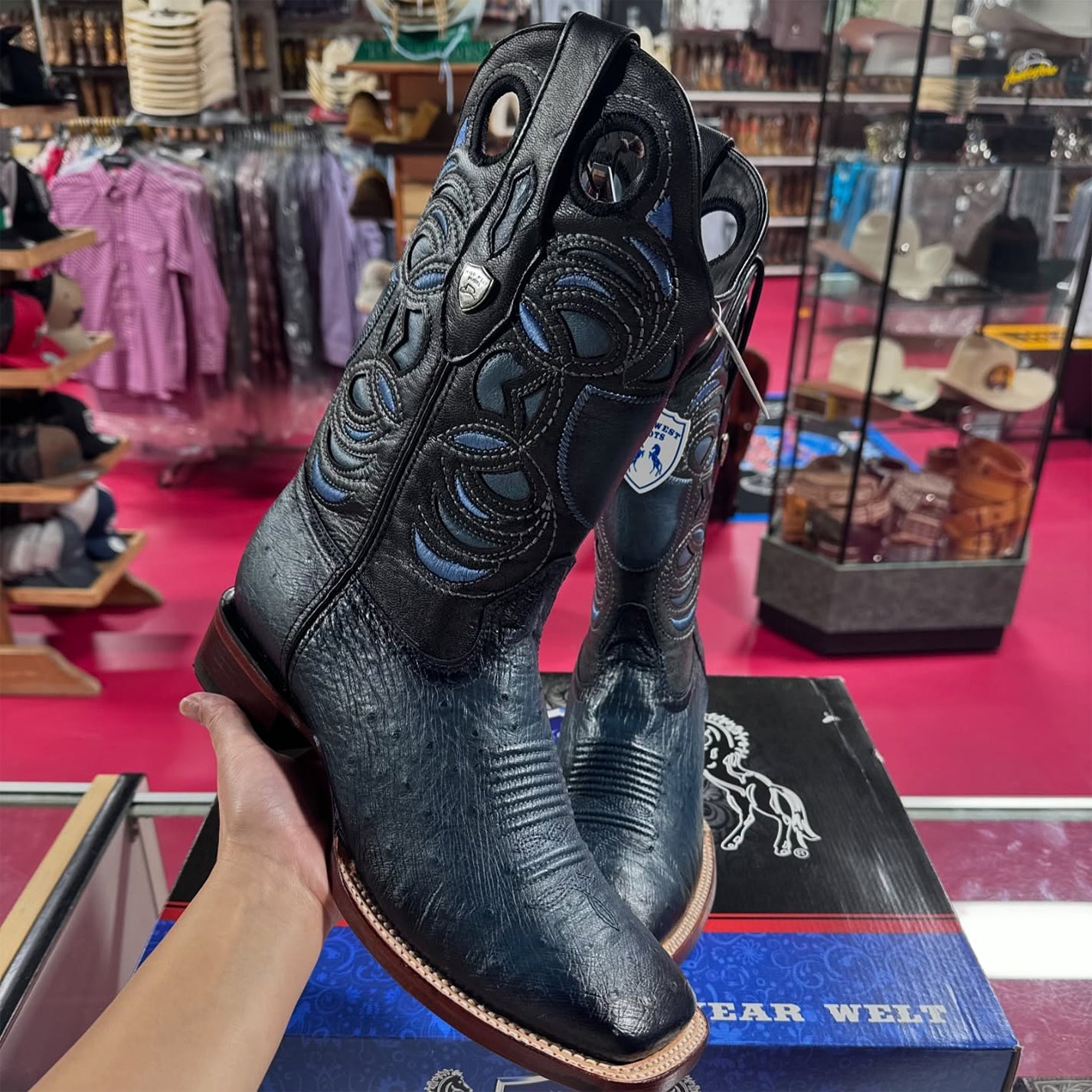  Blue Ostrich Belly Ranch Toe Western Boots