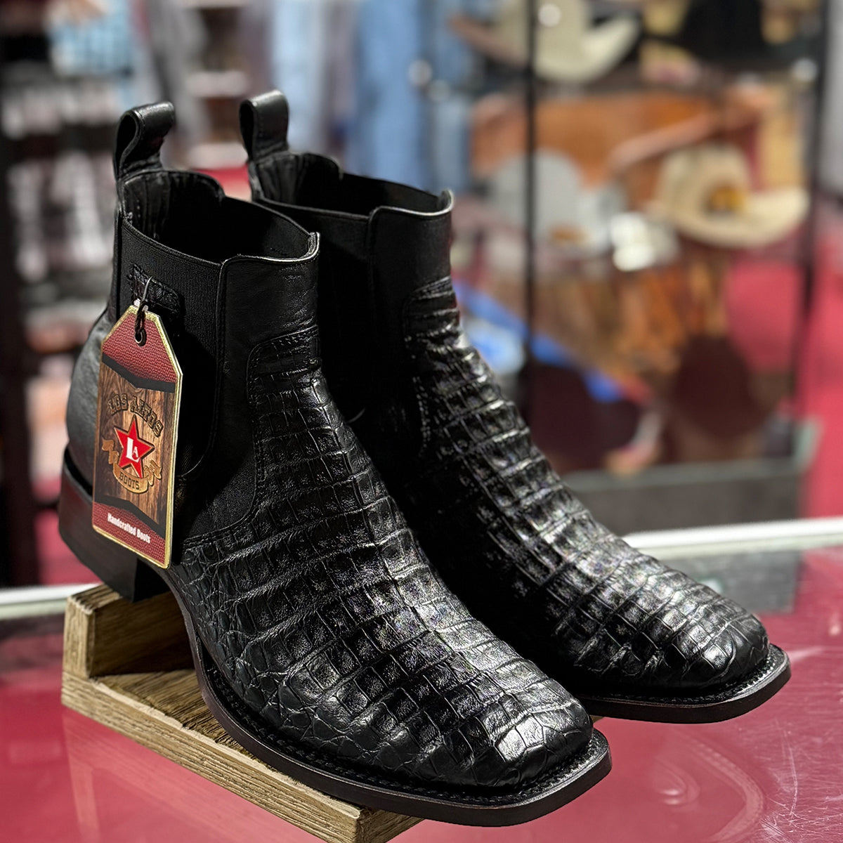  Black Caiman Short Square Toe Western Boots