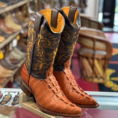  Crocodile Print Pointed Western Boots Cognac