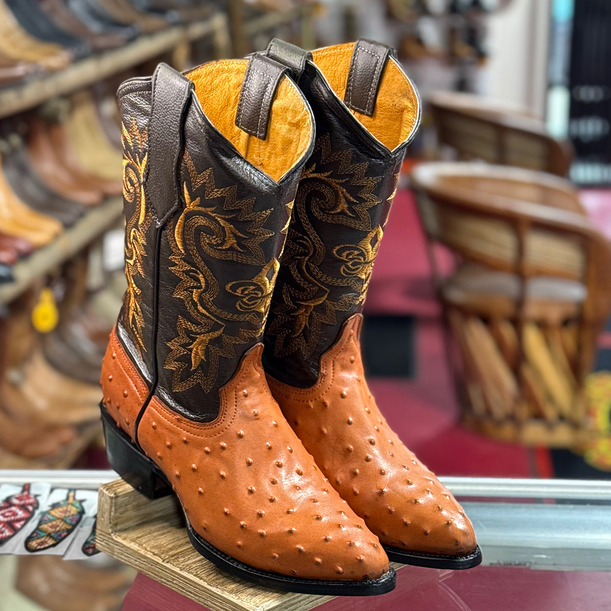  Ostrich Print Boots J-toe Cognac
