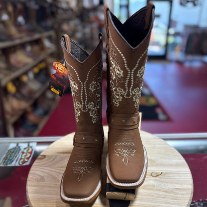  Flowered Embroidered Ladies Square Toe Boots Tan Brown