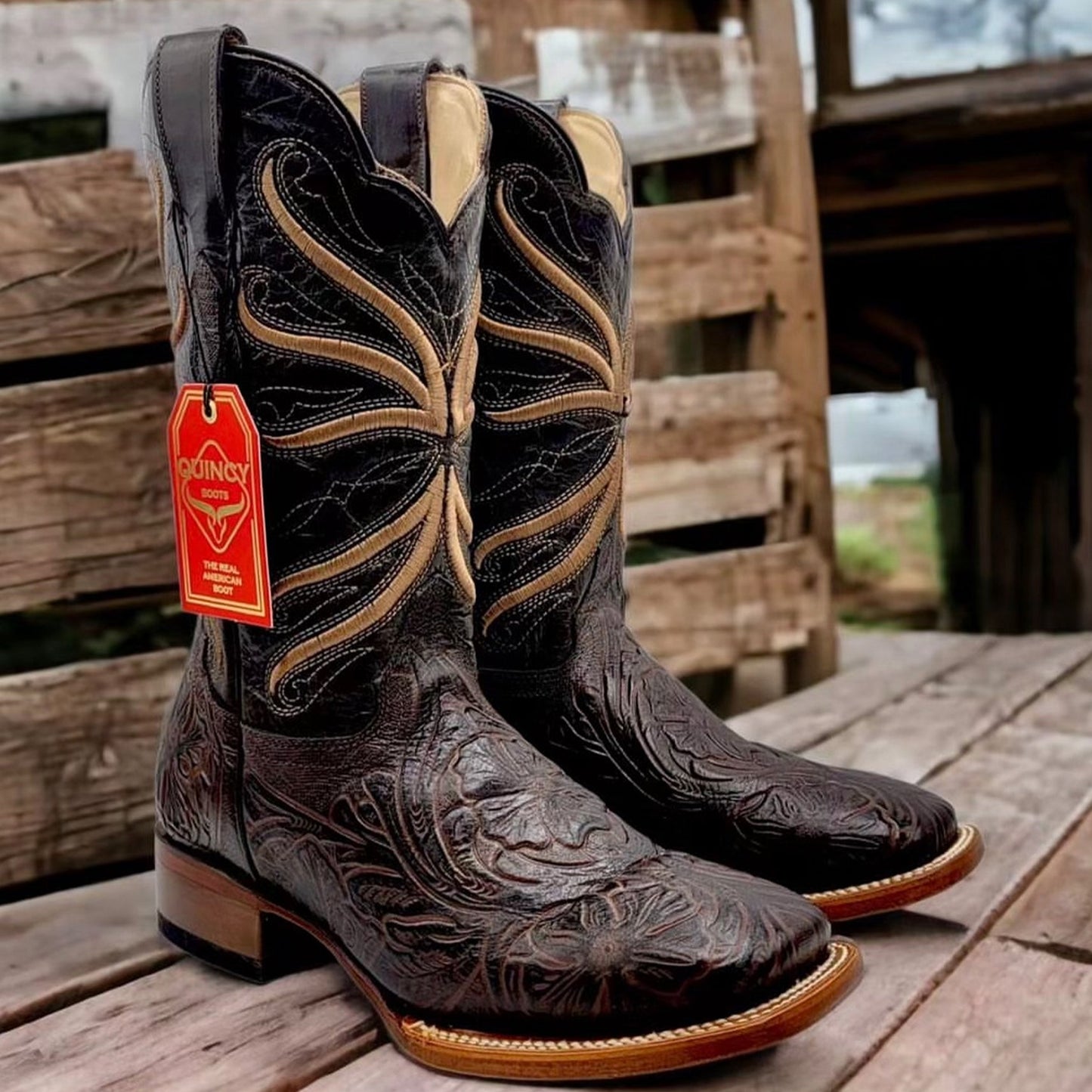  Chocolate Print Hand Tooled Cowboy Boots