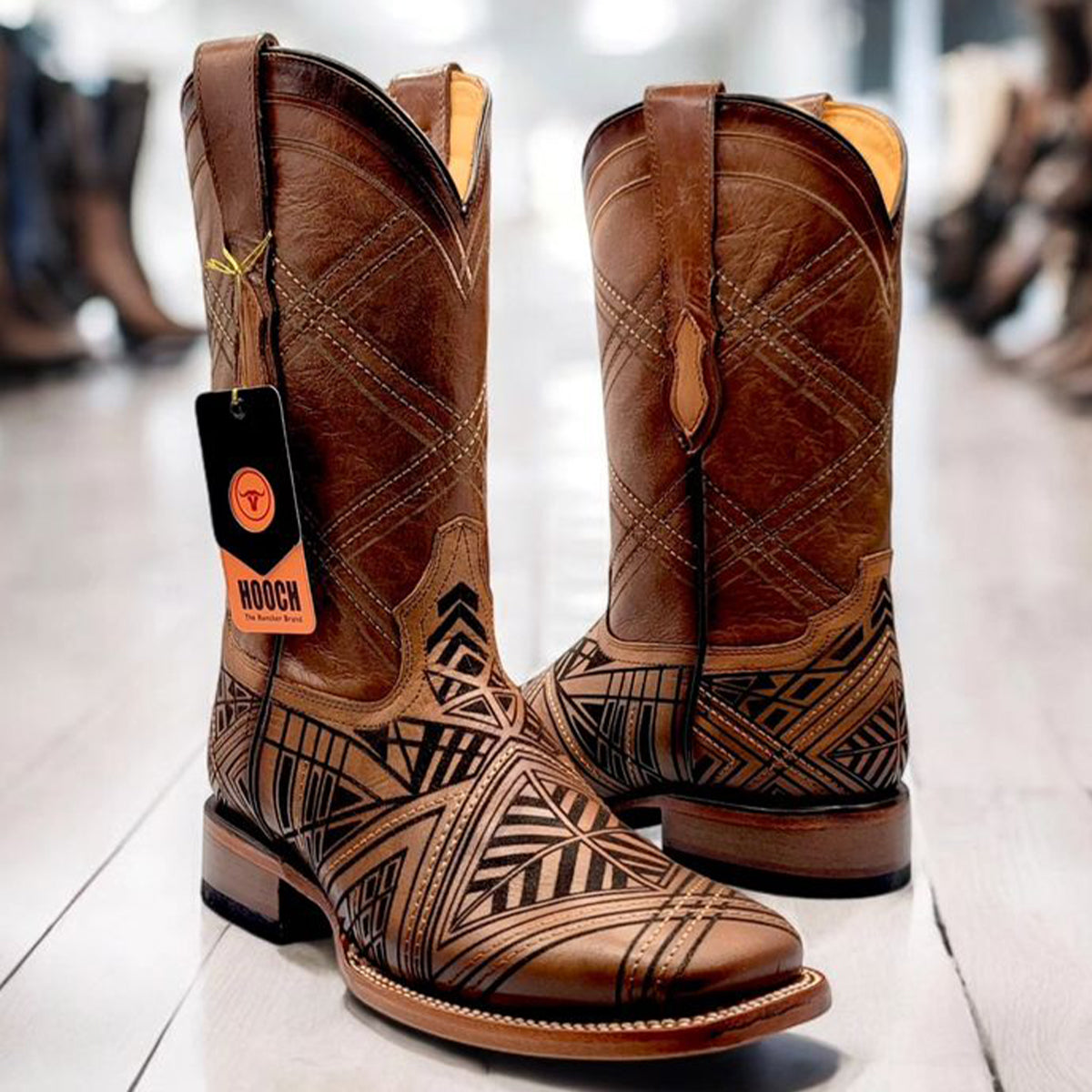  Laser Engraved Western Square Toe Boots