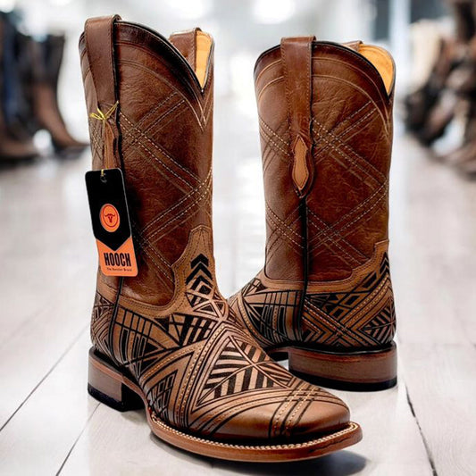  Laser Engraved Western Square Toe Boots