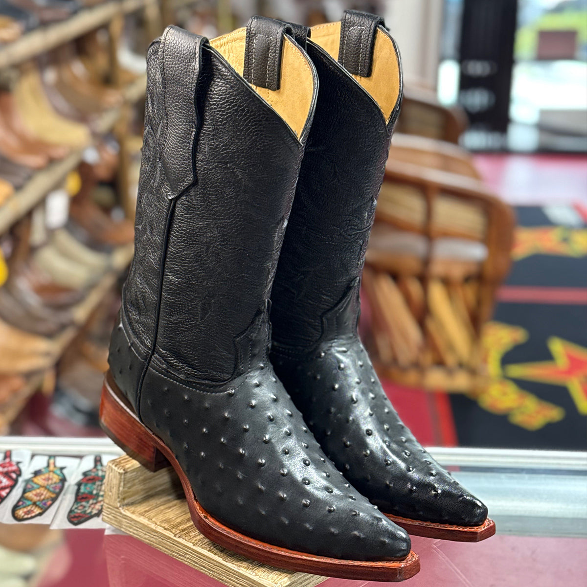  Black Ostrich Print Pointed Cowboy Boots
