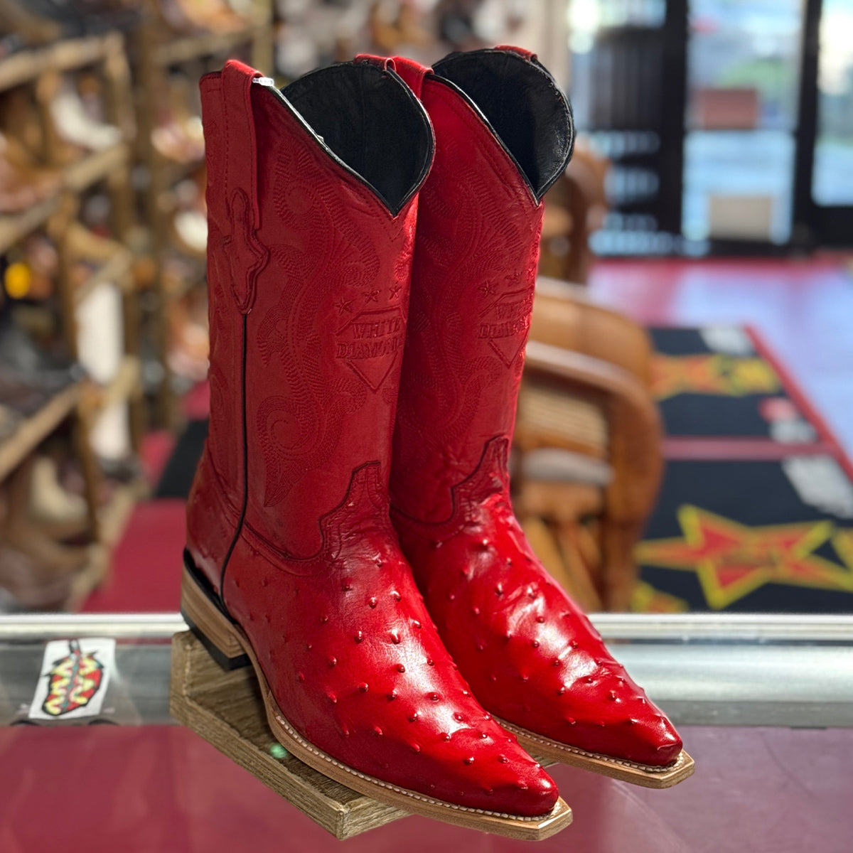  Red Ostrich Print Boots Pointy Toe