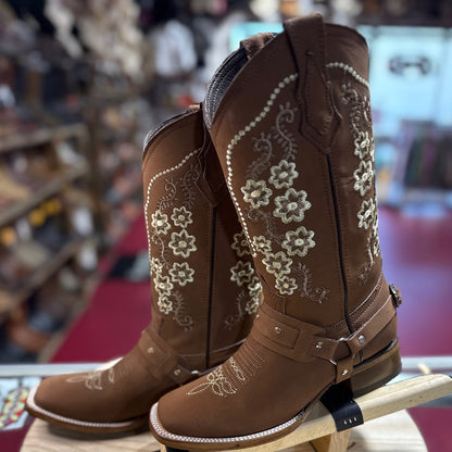  Flowered Embroidered Ladies Square Toe Boots Tan Brown