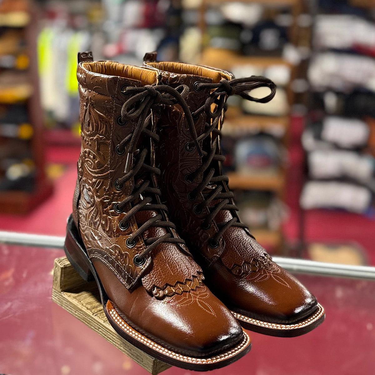  Lace Up Cowgirl Boots Tooled Print