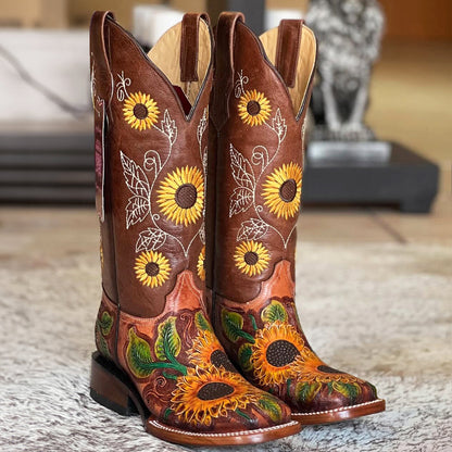  Hand Tooled Sunflower Cowgirl Boots 🌼